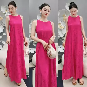 Váy lụa nữ suông trơn, váy ba lỗ chữ a dáng dài, váy sát nách dáng suông đi biển, mặc hè thoải mái chất lụa VD03- ROWMAN