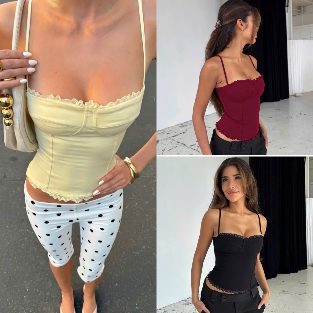 Áo hai dây sát nách dáng corset màu trơn vàng đen đỏ viền ren sexy ASN058 - Tiktik