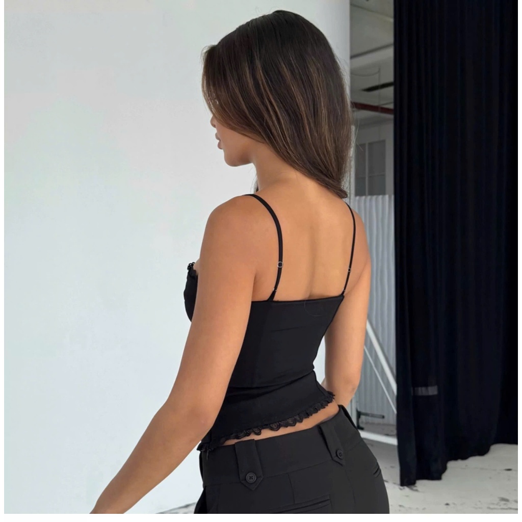 Áo hai dây sát nách dáng corset màu trơn vàng đen đỏ viền ren sexy ASN058 - Tiktik
