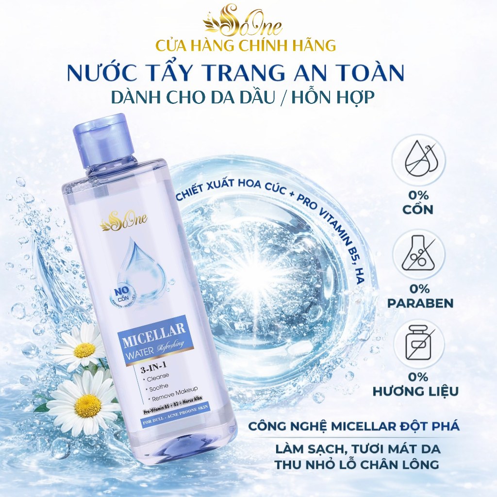 Nước Tẩy Trang SoOne Làm Sạch Tươi Mát Da,Không Cồn,Parapen,Hương Liệu Micellar Water Xanh Nhạt390ml