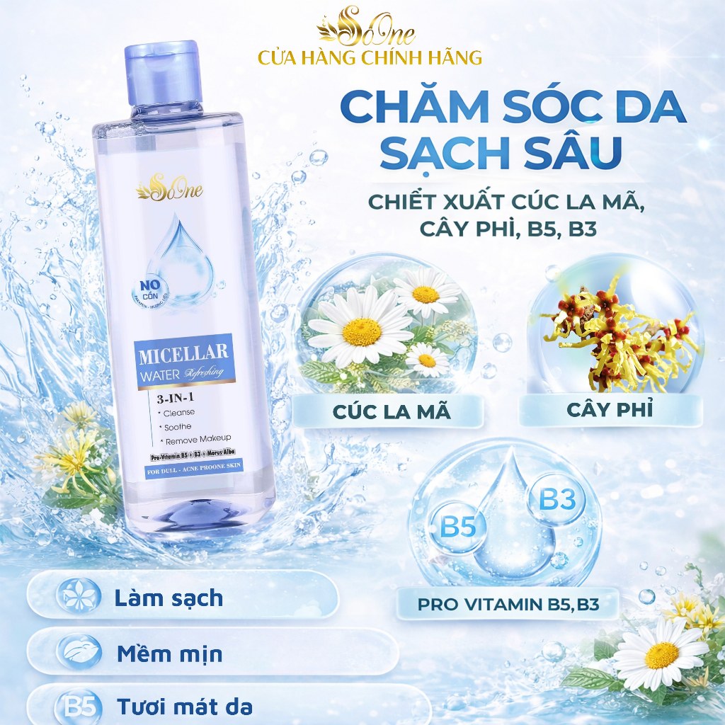 Nước Tẩy Trang SoOne Làm Sạch Tươi Mát Da,Không Cồn,Parapen,Hương Liệu Micellar Water Xanh Nhạt390ml
