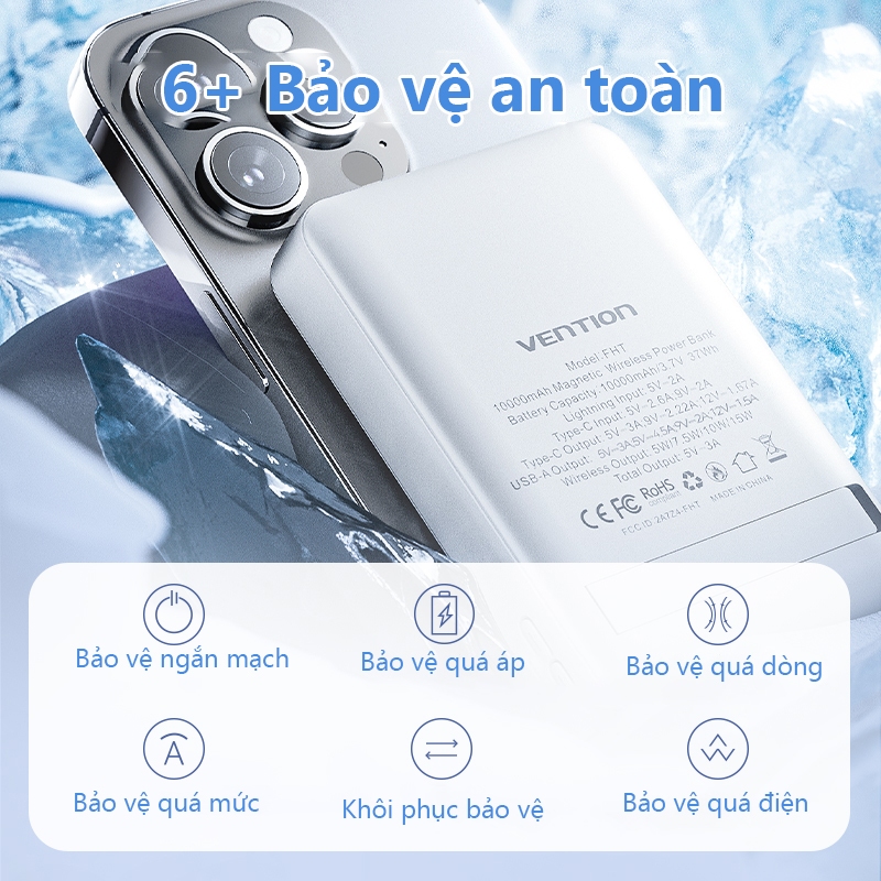 Pin Sạc Dự Phòng Không Dây 10000mAh Vention – Nam Châm Từ Tính Hút Tự Động, Sạc Nhanh PD, Đế Đỡ Gập, Màn Hình LED