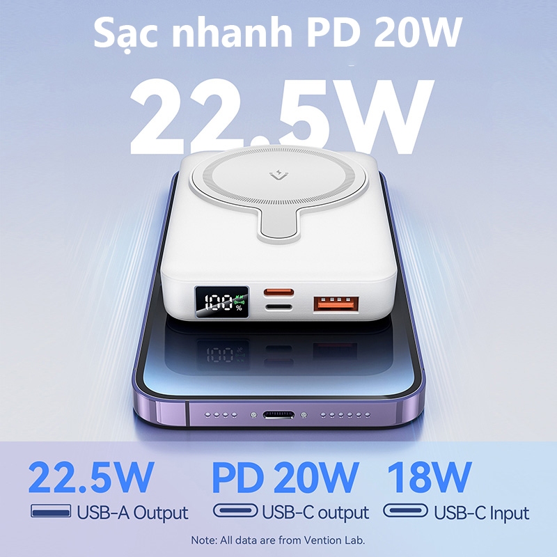 Pin Sạc Dự Phòng Không Dây 10000mAh Vention – Nam Châm Từ Tính Hút Tự Động, Sạc Nhanh PD, Đế Đỡ Gập, Màn Hình LED