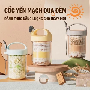 Cốc thuỷ tinh ăn ngũ cốc yến mạch nắp tay cầm kèm thìa 430ml