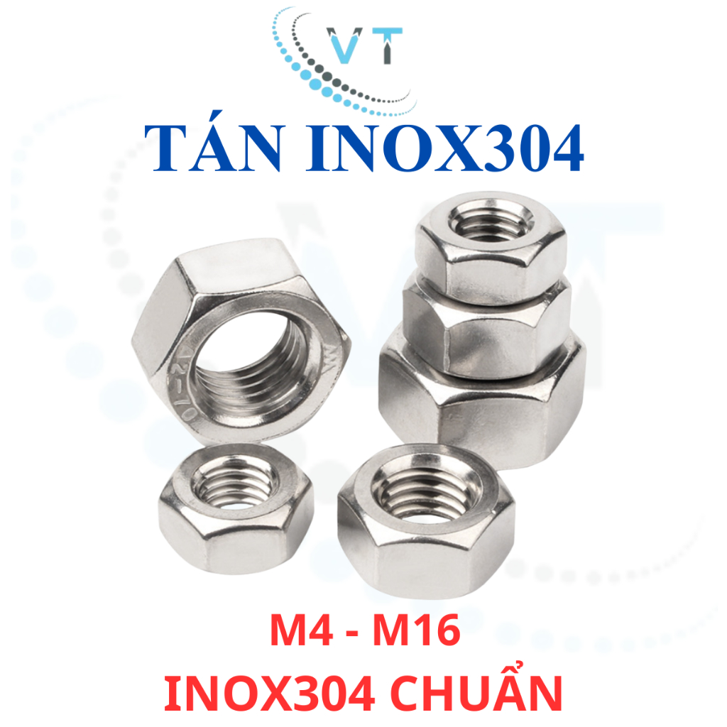 Đai Ốc INOX 304 (Tán Dẹp/Ê-cu) M5 M6 M8 M10 M12 M14 M16 - Tán Lục Giác Thép Không Gỉ Sáng Bóng Loại Tốt (Đủ Size)