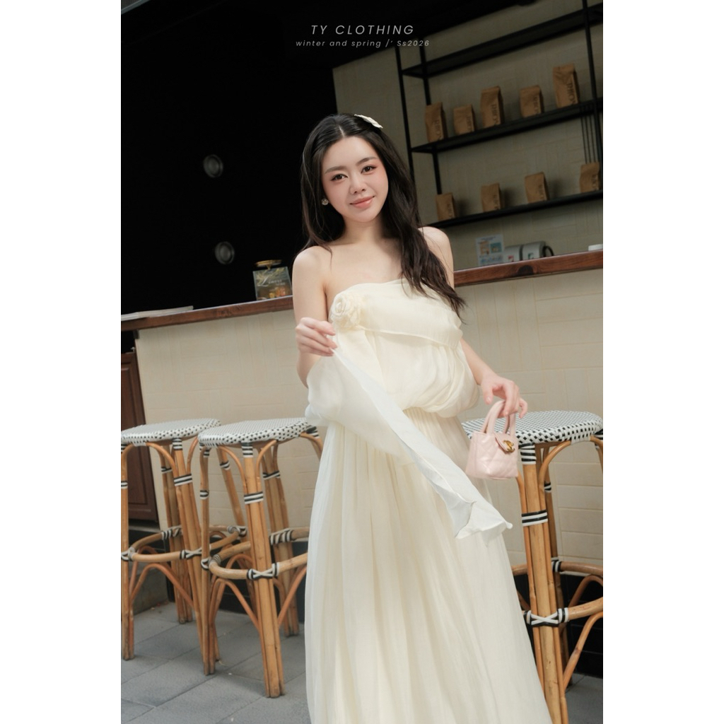 Váy Cúp Ngực Đính Hoa Dây Tà  - Màu Be -  Hàng Thiết kế - TY CLOTHING