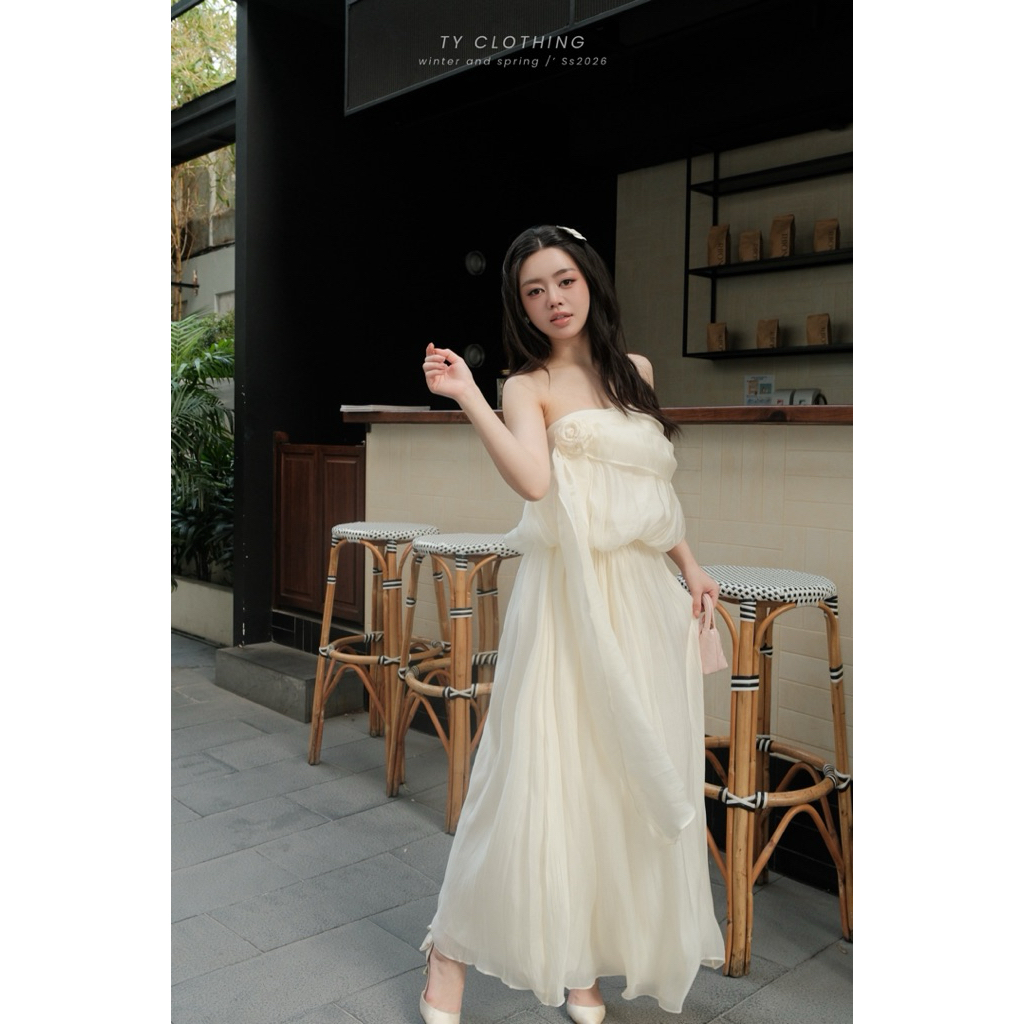 Váy Cúp Ngực Đính Hoa Dây Tà  - Màu Be -  Hàng Thiết kế - TY CLOTHING