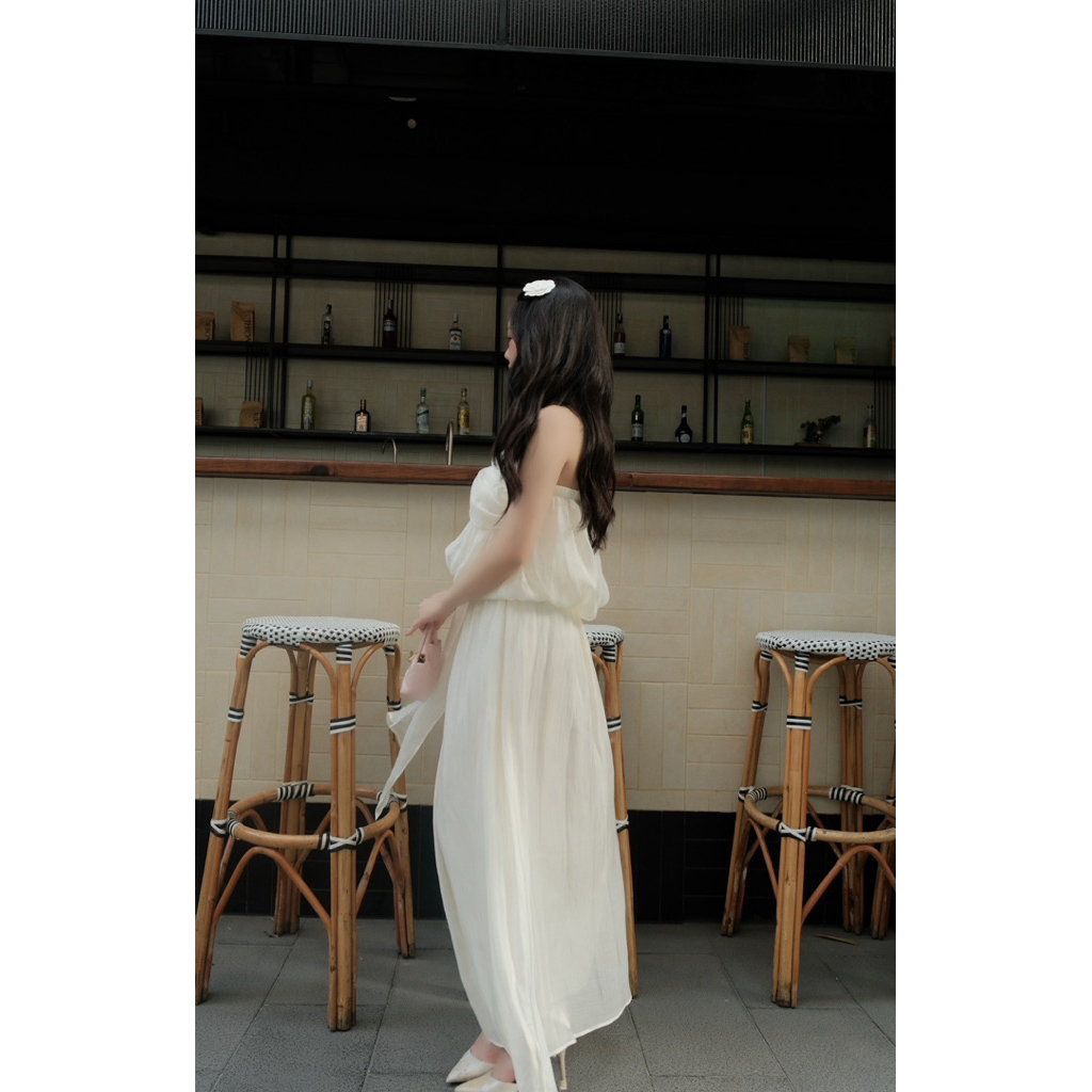 Váy Cúp Ngực Đính Hoa Dây Tà  - Màu Be -  Hàng Thiết kế - TY CLOTHING