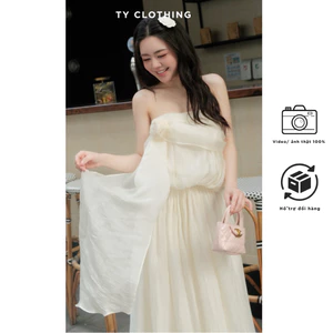 Váy Cúp Ngực Đính Hoa Dây Tà - Màu Be - Hàng Thiết kế - TY CLOTHING
