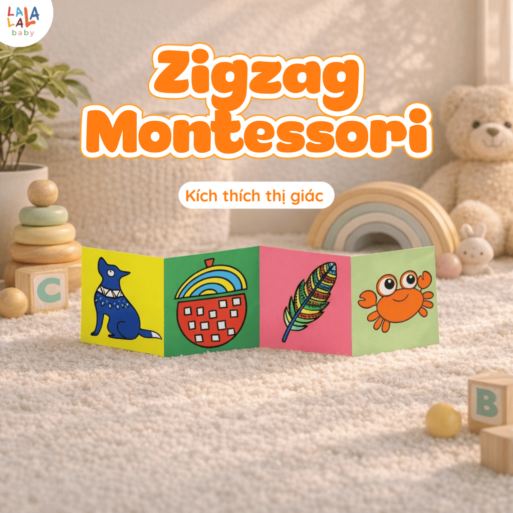 Bộ thẻ kích thích thị giác Montessori Lalala Baby cho trẻ sơ sinh phát triển toàn diện dạng đứng ZIG ZAC và FLASHCARDS