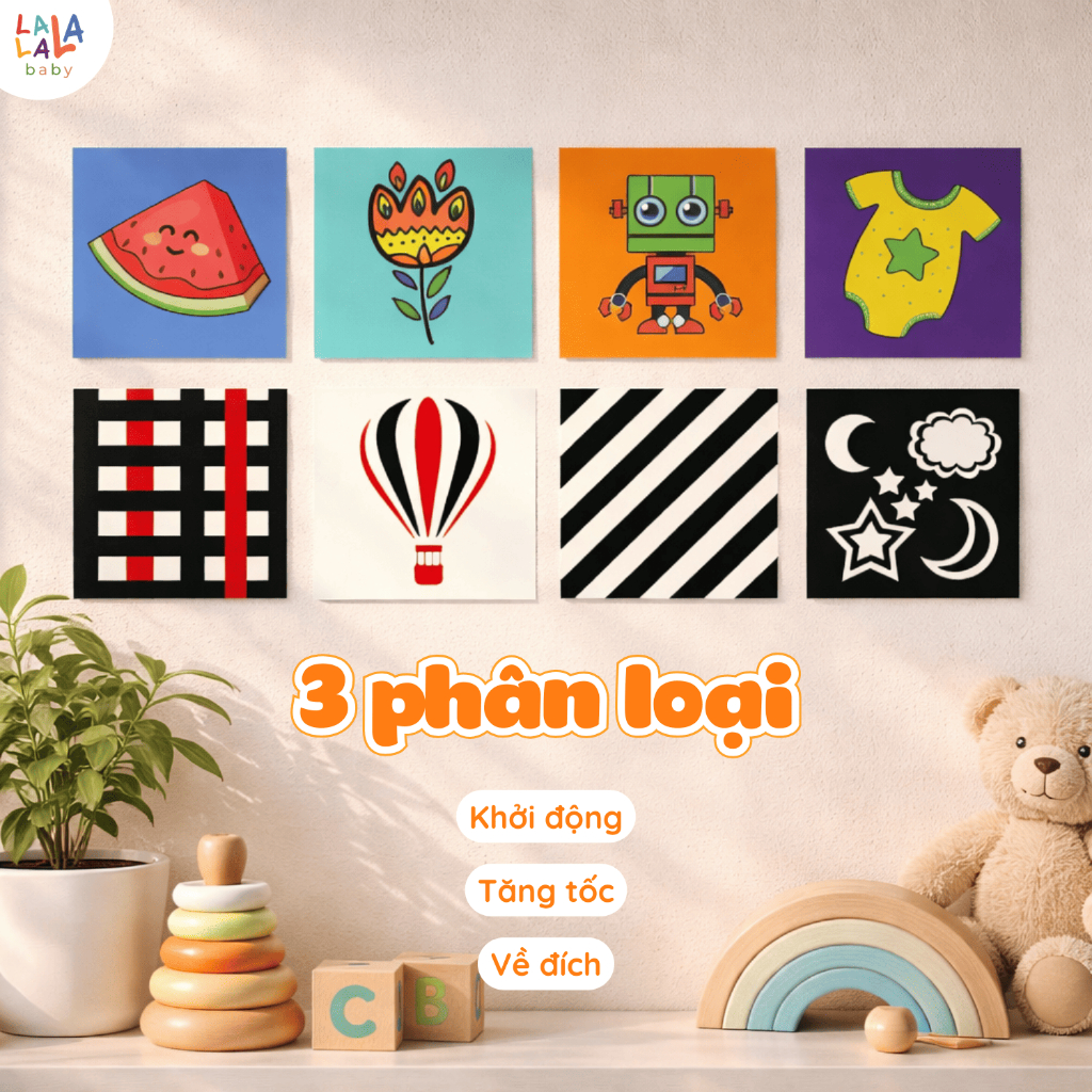 Bộ thẻ kích thích thị giác Montessori Lalala Baby cho trẻ sơ sinh phát triển toàn diện dạng đứng ZIG ZAC và FLASHCARDS