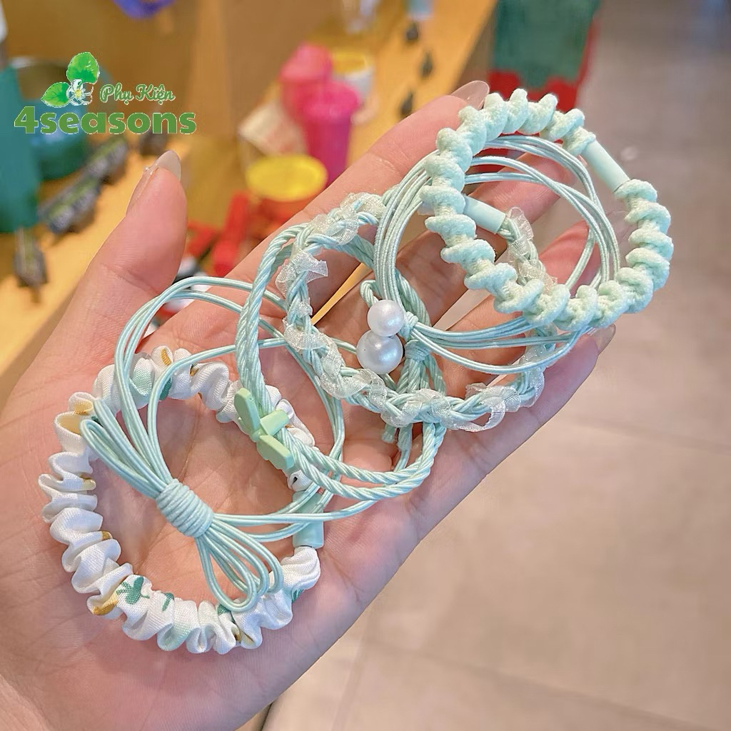 Set 6 Dây Cột Tóc Nữ Phong Cách Hàn Quốc Màu Pastel Nhẹ Nhàng – Thun Buộc Tóc Nơ, Ngọc Trai Dễ Thương