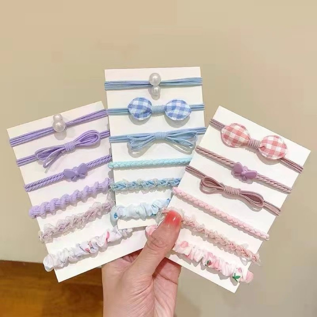 Set 6 Dây Cột Tóc Nữ Phong Cách Hàn Quốc Màu Pastel Nhẹ Nhàng – Thun Buộc Tóc Nơ, Ngọc Trai Dễ Thương