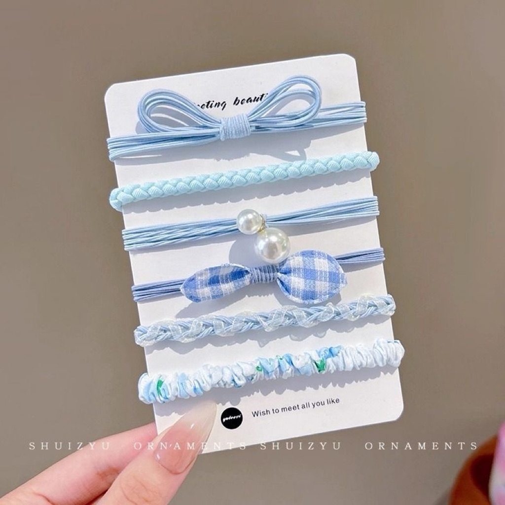 Set 6 Dây Cột Tóc Nữ Phong Cách Hàn Quốc Màu Pastel Nhẹ Nhàng – Thun Buộc Tóc Nơ, Ngọc Trai Dễ Thương