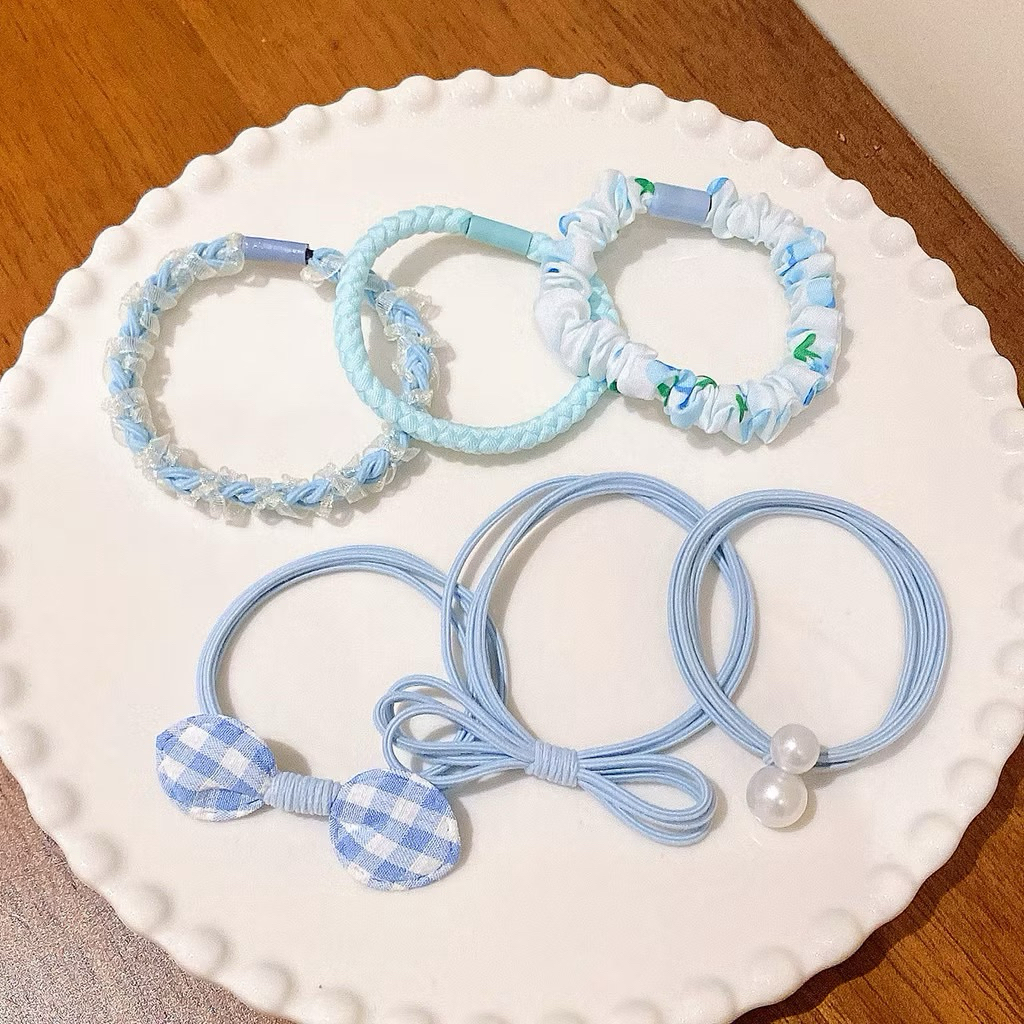 Set 6 Dây Cột Tóc Nữ Phong Cách Hàn Quốc Màu Pastel Nhẹ Nhàng – Thun Buộc Tóc Nơ, Ngọc Trai Dễ Thương