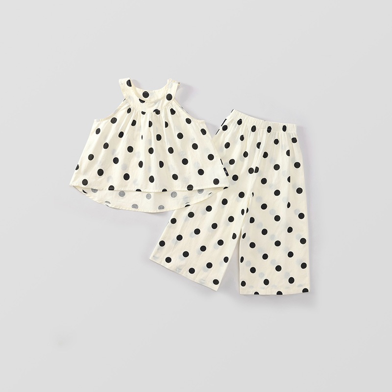 Set Bộ Bé Gái, Set Áo Cổ Yếm Kèm Quần Ống Suông Thiết Kế Chấm Bi Chất Liệu Cotton Mềm Mại
