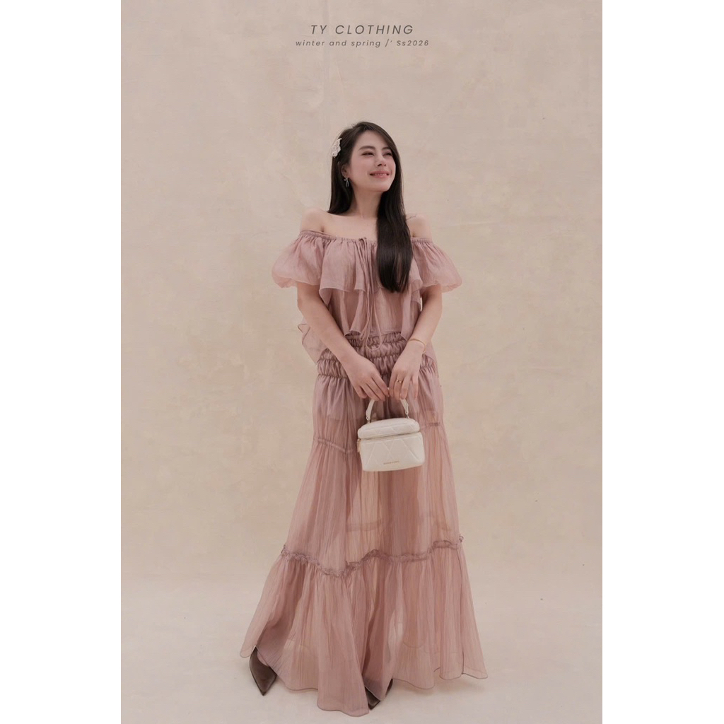 [ TYCLOTHING ] - Set Tơ Trễ Vai Dây Thắc Hồng - Hàng Thiết Kế - Màu Hồng