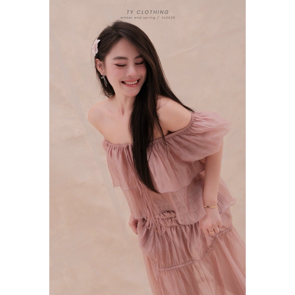 [ TYCLOTHING ] - Set Tơ Trễ Vai Dây Thắc Hồng - Hàng Thiết Kế - Màu Hồng
