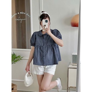 Áo sơ mi nữ Áo babydoll cổ sen tay bồng dáng xòe rộng phối cúc dọc nhiều màu xinh xắn, dễ phối đồ Cakecat