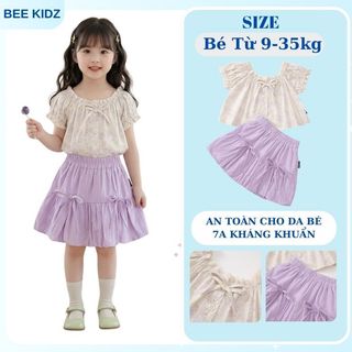 Set Bộ Bé Gái, Set Bộ Tiểu Thư Thiết Kế Áo Tay Bồng Kèm Chân Váy Bí Chất Liệu Cotton Mềm Mại