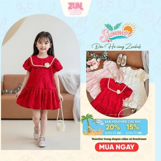 Đầm Bé Gái Tết Gấm Taffta Hoa Xuân 3D AZD609 – Đầm Công Chúa Nhí 2 Lớp, Hoa Cài Tháo Rời