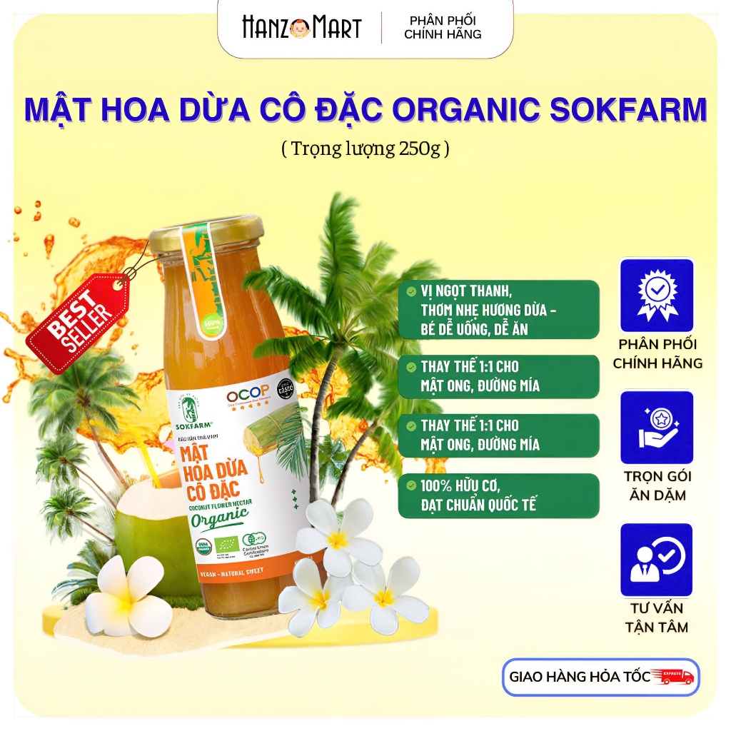 Mật hoa dừa Sokfarm 250g thuần chay, chỉ số đường huyết thấp bổ sung năng lượng bù khoáng điện giải