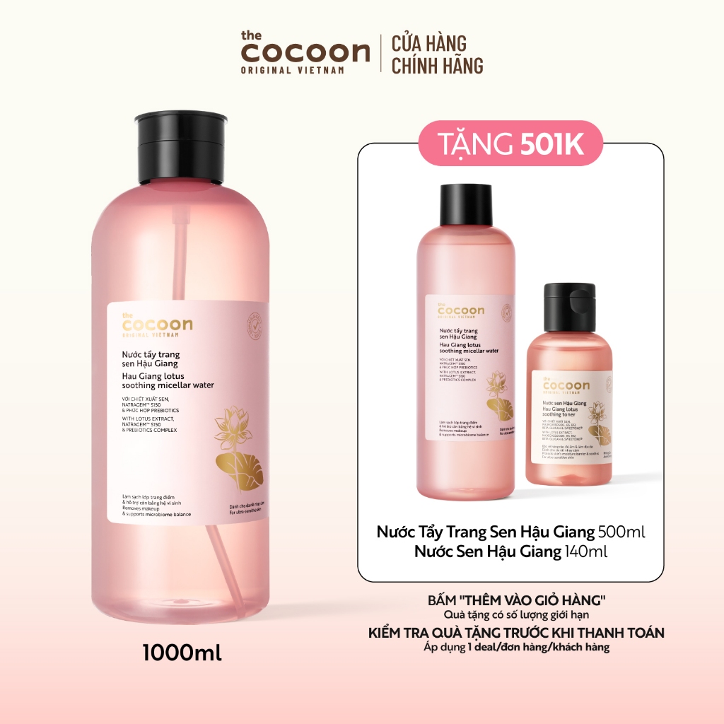 [MUA 1 TẶNG 2] Supersize - Nước Tẩy Trang Sen Hậu Giang 1000ml Tặng Tẩy trang sen 500ml + Nước sen Cocoon 140ml