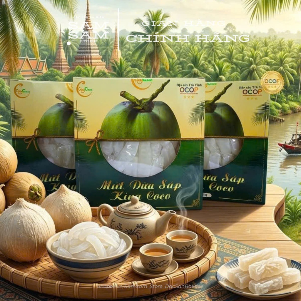 Mứt Dừa Sáp KINGCOCO Sấy Dẻo Sữa Tươi | Mứt tết Đặc Sản Trà Vinh | Loại 1 to dài ít ngọt (Hộp 250G) hút chân không, sạch