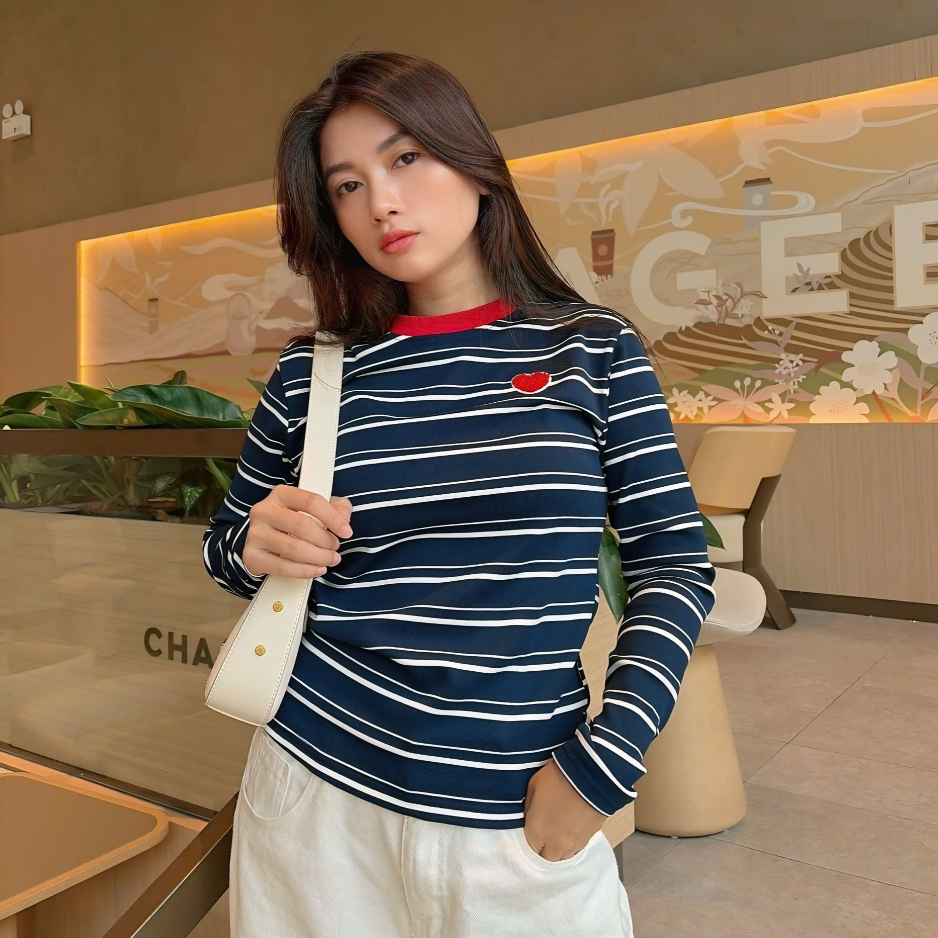 Áo Tay Dài Mirage Sọc Ngang Nhí Xanh Chất Thun Gân Mềm Mịn Thoáng Mát.