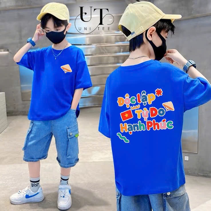 (9Kg-110Kg) Áo thun Unisex in chữ Độc Lập Tự Do Hạnh Phúc cho bé Trai, bé Gái, Nam Nữ, Cặp đôi - Uni Tee I U117