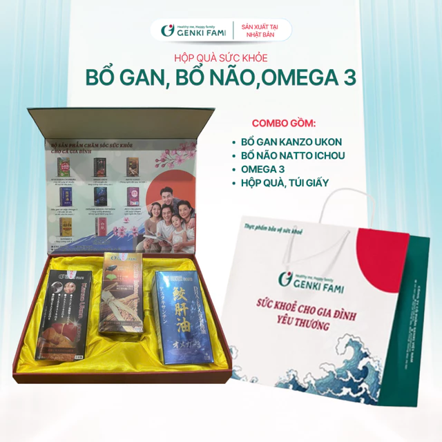 Set Quà Sức Khỏe Bổ Gan Kanzo Ukon, Bổ Não Natto Ichou, Omega 3 Genki Fami, Nhật Bản Hộp 90 Viên