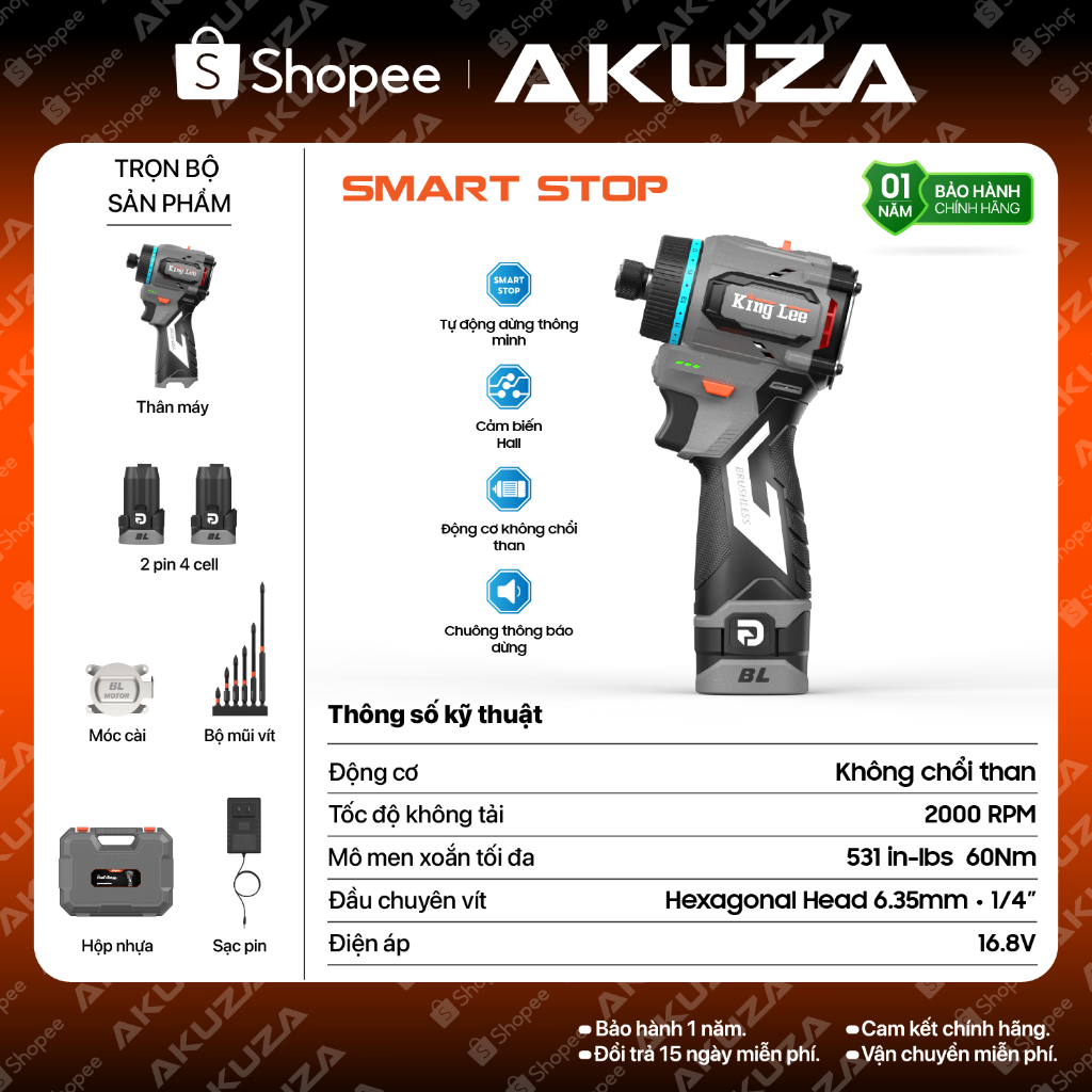 Máy Bắn Vít SMART STOP KING LEE Tự Động Dừng Thông Minh Trên Vật Liệu Mỏng - Ko Chổi Than 16V