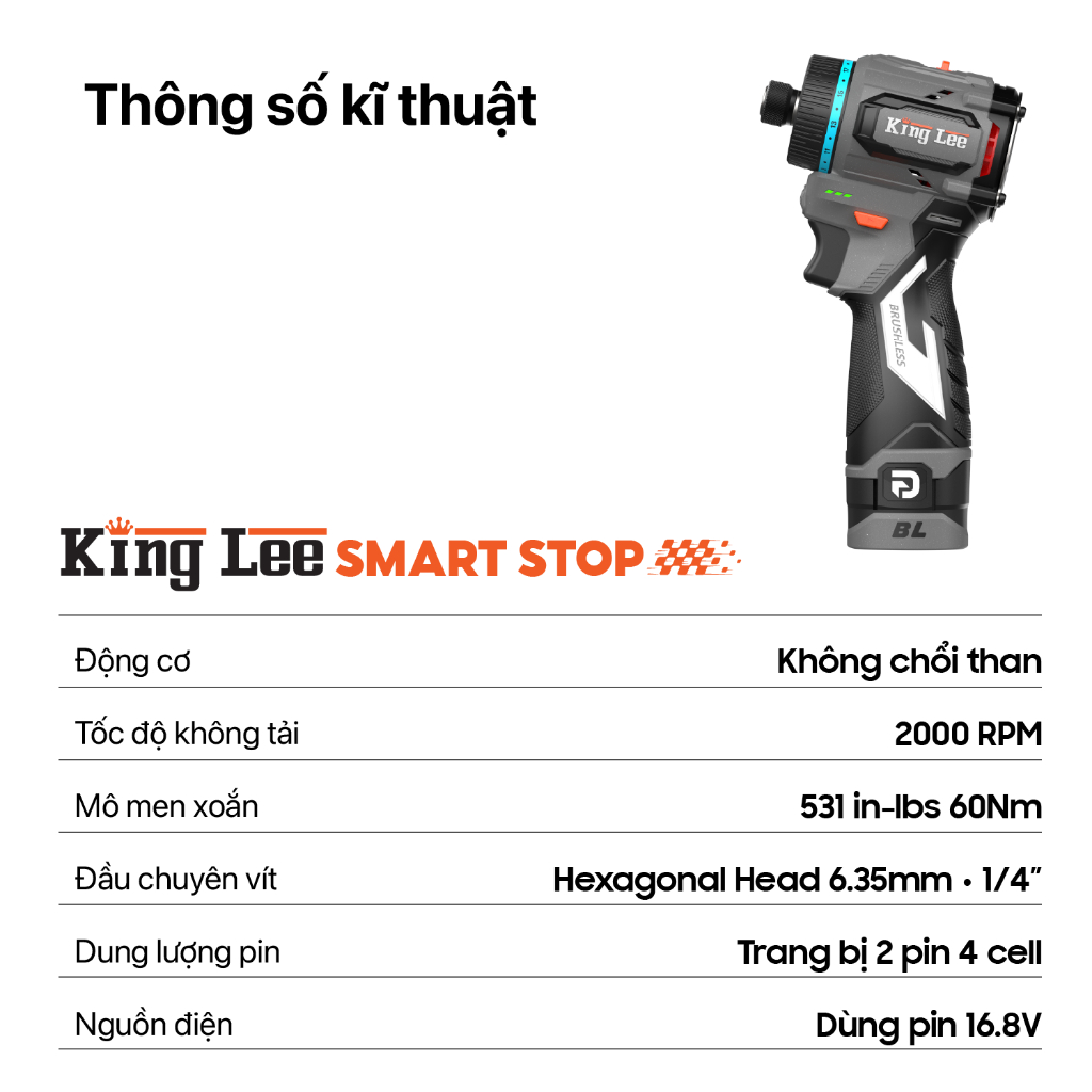 Máy Bắn Vít SMART STOP KING LEE Tự Động Dừng Thông Minh Trên Vật Liệu Mỏng - Ko Chổi Than 16V