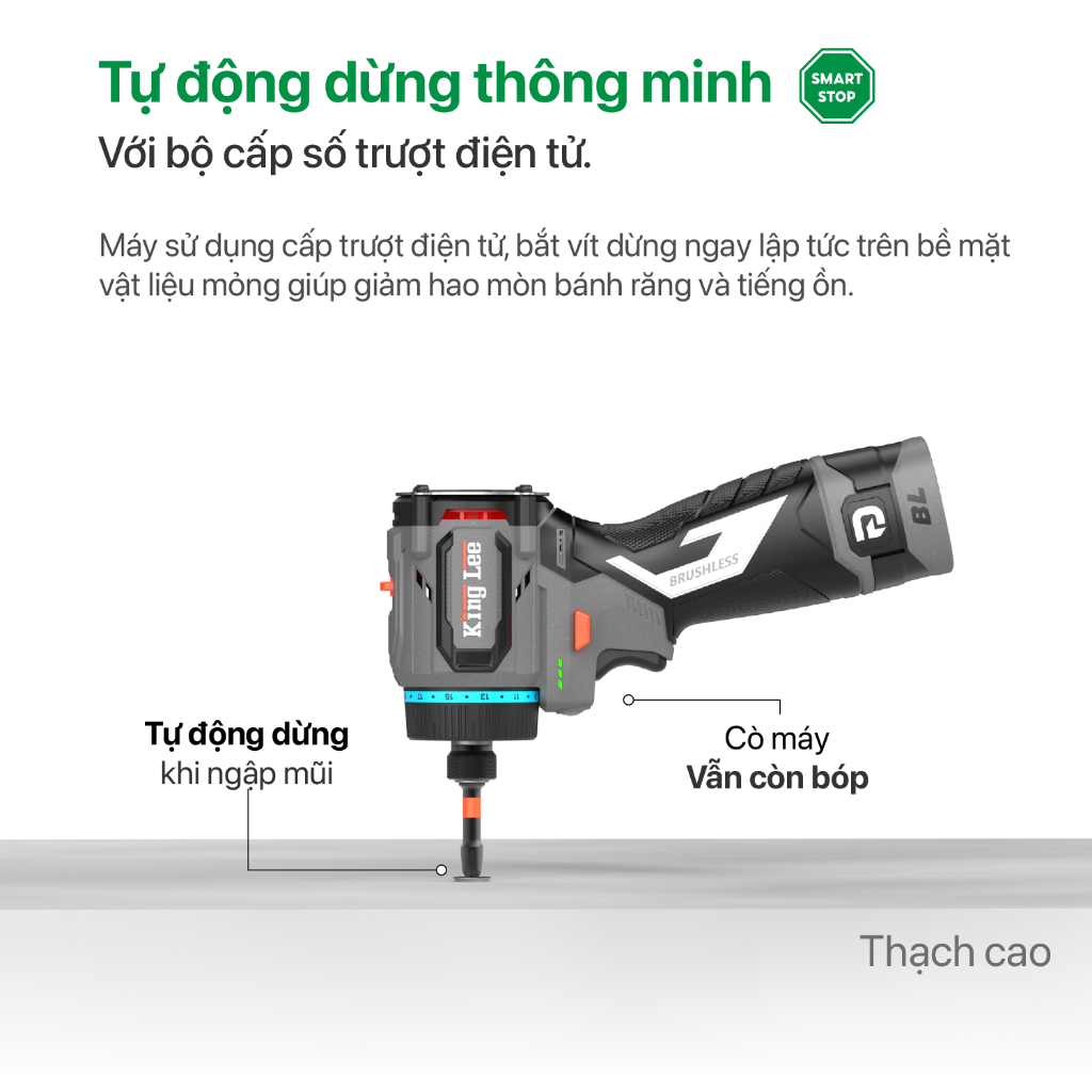 Máy Bắn Vít SMART STOP KING LEE Tự Động Dừng Thông Minh Trên Vật Liệu Mỏng - Ko Chổi Than 16V