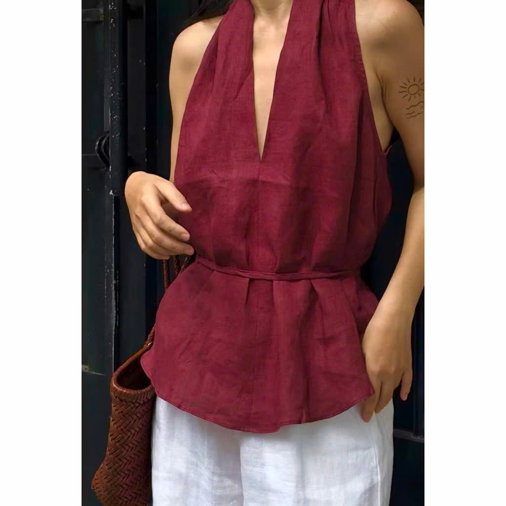 𝗫𝘂𝘅𝗶- Áo Linen cổ yếm thắt eo