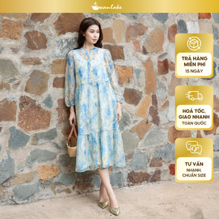 SWANLAKE | Váy Đầm Nữ Maxi Suông Xòe 2 Lớp Cổ Chữ V Cài Nút Tay Dài Vải Tơ In Hoa Đi Biển Hè D12073