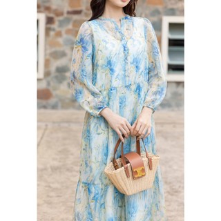 SWANLAKE | Váy Đầm Nữ Maxi Suông Xòe 2 Lớp Cổ Chữ V Cài Nút Tay Dài Vải Tơ In Hoa Đi Biển Hè D12073