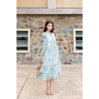 SWANLAKE | Váy Đầm Nữ Maxi Suông Xòe 2 Lớp Cổ Chữ V Cài Nút Tay Dài Vải Tơ In Hoa Đi Biển Hè D12073