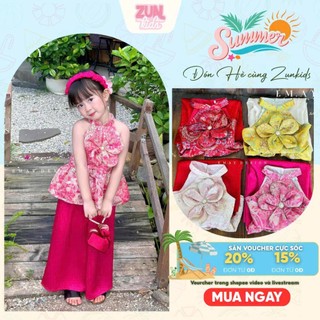 Set Áo Yếm Bé Gái Đính Hoa A458 – Gấm Cao Cấp Phối Quần Lụa Satin, Phong Cách Tiểu Thư Sang Trọng