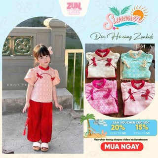 Set Áo Và Quần Dài Bé Gái A472 – Pháp Phục Cách Tân, Quần Lụa Satin Mềm, Tay Áo Cách Điệu, Diện Tết Lễ Hội
