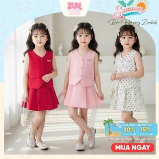 Set Ghi Lê Vest Bé Gái Cao Cấp AZB615 – Vest Khaki Mềm Lót Lụa Kèm Quần Giả Váy Xếp Ly, Tặng Cài Áo