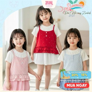Set Bộ Váy Bé Gái JUNO AZB614 – Set 3 Chi Tiết Áo Thun + Áo Dây Bèo + Chân Váy Bí, Cotton Co Giãn