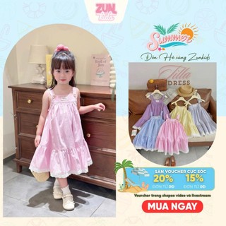 Váy Bé Gái Tila AZD565 Cotton Mềm Mịn – Váy Xòe Công Chúa Dây Vai Có Nút, Viền Ren Thêu