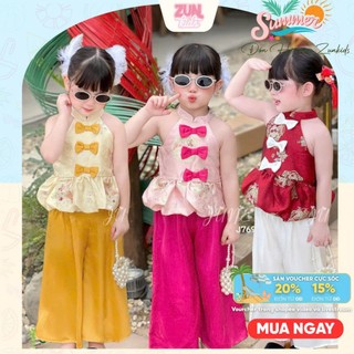 Set Đồ Bộ Bé Gái J7693 Áo Gấm In Nổi gồm áo Cổ Yếm Tàu Đính Nơ + Quần Lụa Dài