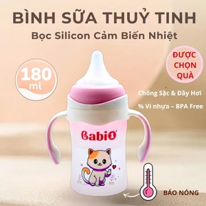 Bình Sữa Thủy Tinh Babi1 180ml Cảm Biến Nhiệt, Chống Sặc, Cổ Rộng Có Tay Cầm 360° Cho Bé