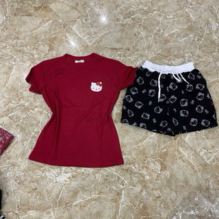 Set bộ áo bbt in đầu kitty mix quần đùi kitty cạp trắng