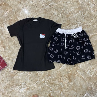 Set bộ áo bbt in đầu kitty mix quần đùi kitty cạp trắng