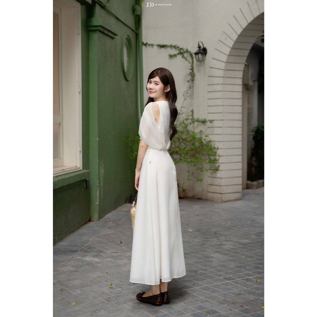 Đầm Xuân Hè Dài Cổ V Tay Choàng Nhún 1S12.2601. Đầm Midi Tơ Tay Sheer Đính Nơ Thanh Lịch Dự Tiệc Nhẹ, Hẹn Hò Thiết Kế JM