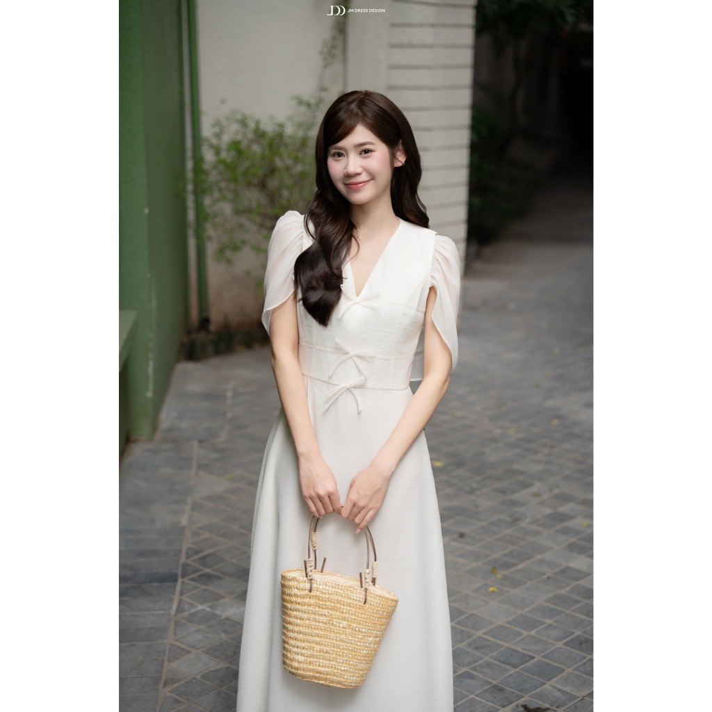 Đầm Xuân Hè Dài Cổ V Tay Choàng Nhún 1S12.2601. Đầm Midi Tơ Tay Sheer Đính Nơ Thanh Lịch Dự Tiệc Nhẹ, Hẹn Hò Thiết Kế JM