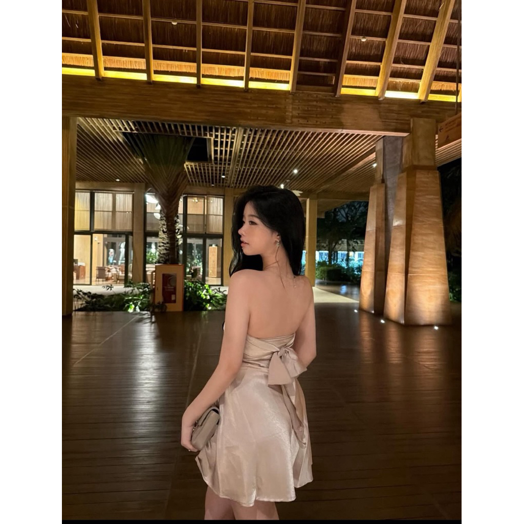 Váy Lụa ôm ngực xoè cột dây sau lưng khoá kéo hông